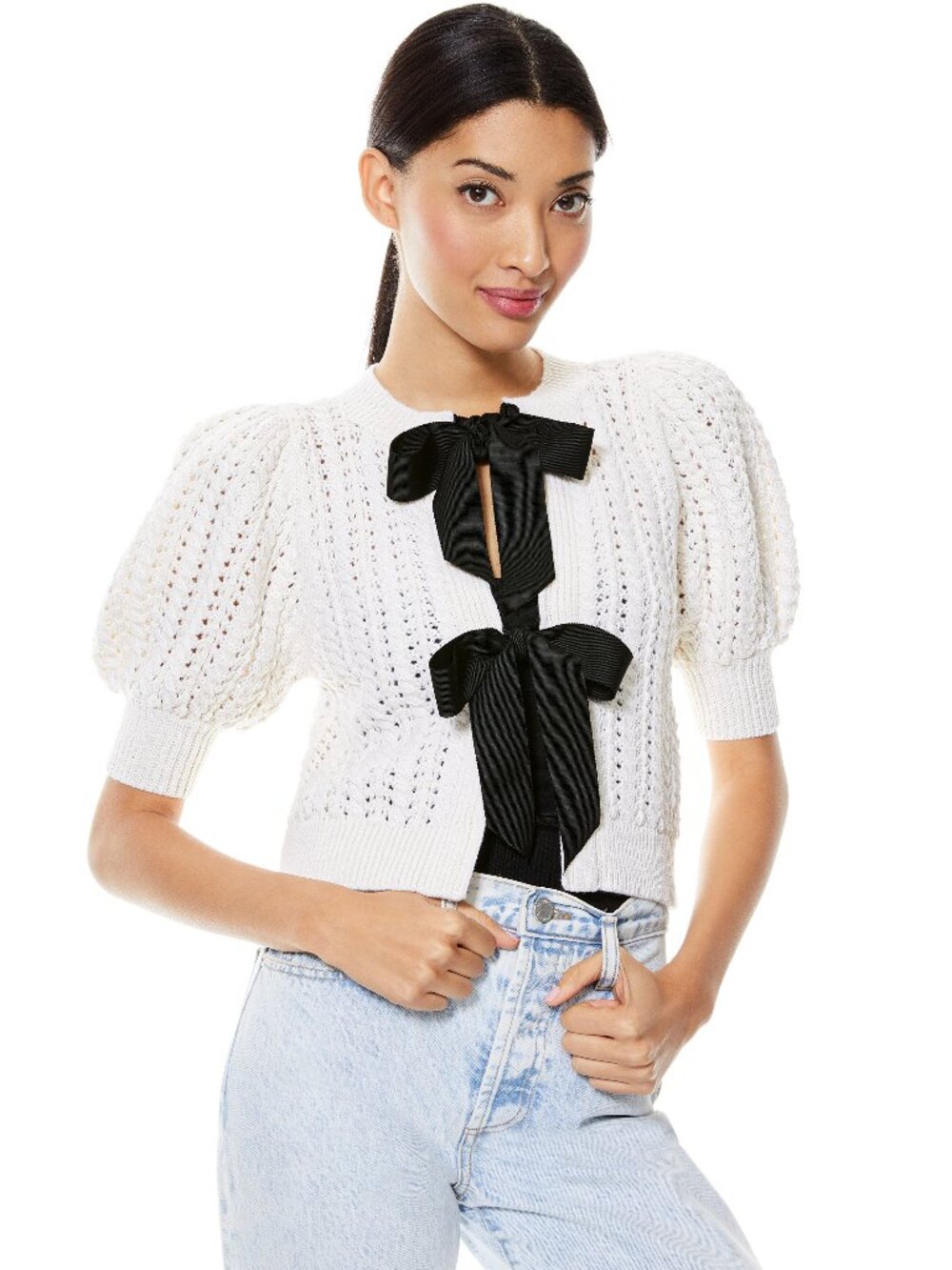 Alice + Olivia Size S Kitty Puff Sleeve Pointelle Bow Cardigan Soft White Black